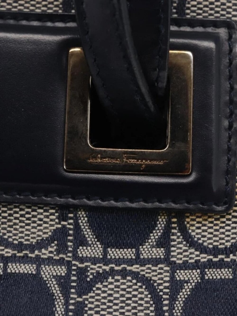 Salvatore Ferragamo Gancini Shoulder Bag Canvas Navy Gold Auth BA10109 - Picture 10 of 16
